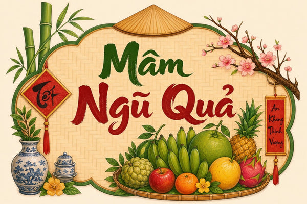 Vietnamese Tết Decor | Mâm Ngũ Quả Wall Art | Lunar New Year Fruit Tray Poster | Peach Blossom & Bamboo | Asian Holiday Home Decor | Tết Gift