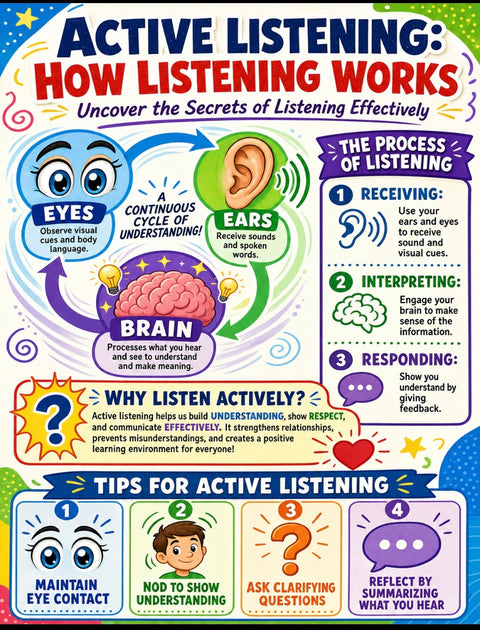 Active Listening Poster | SEL Classroom Decor | How Listening Works | Social Skills Wall Art | Communication Skills Print | Digital Download