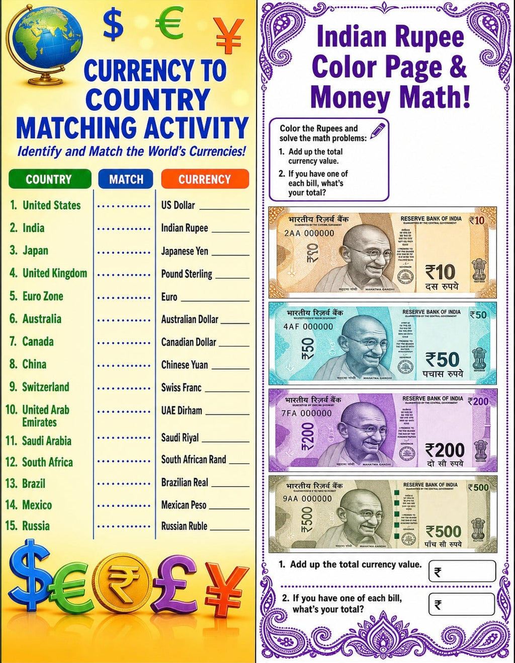 World Currency Coloring & Learning Book for Kids | Money Math, Geography & Fun Facts | Printable Educational Activity | Instant Download