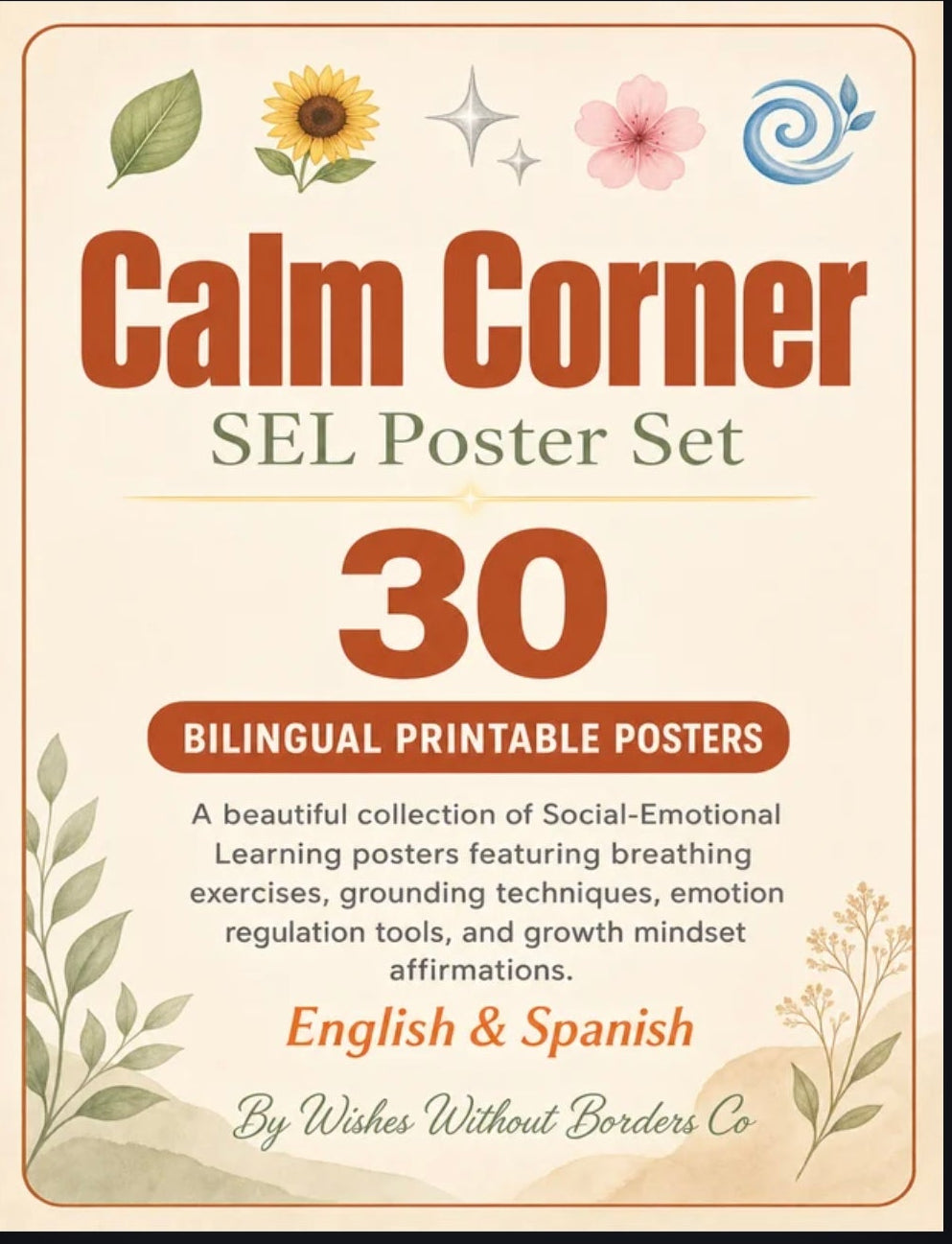 Calm Corner Bilingual SEL Poster Bundle | 30 English & Spanish Printable Posters | Social Emotional Learning | Diverse Classroom Decor | Counselor & Teacher Resources