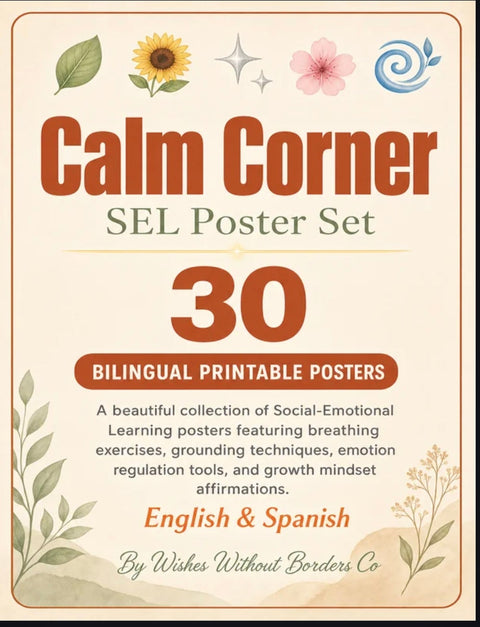 Calm Corner Bilingual SEL Poster Bundle | 30 English & Spanish Printable Posters | Social Emotional Learning | Diverse Classroom Decor | Counselor & Teacher Resources