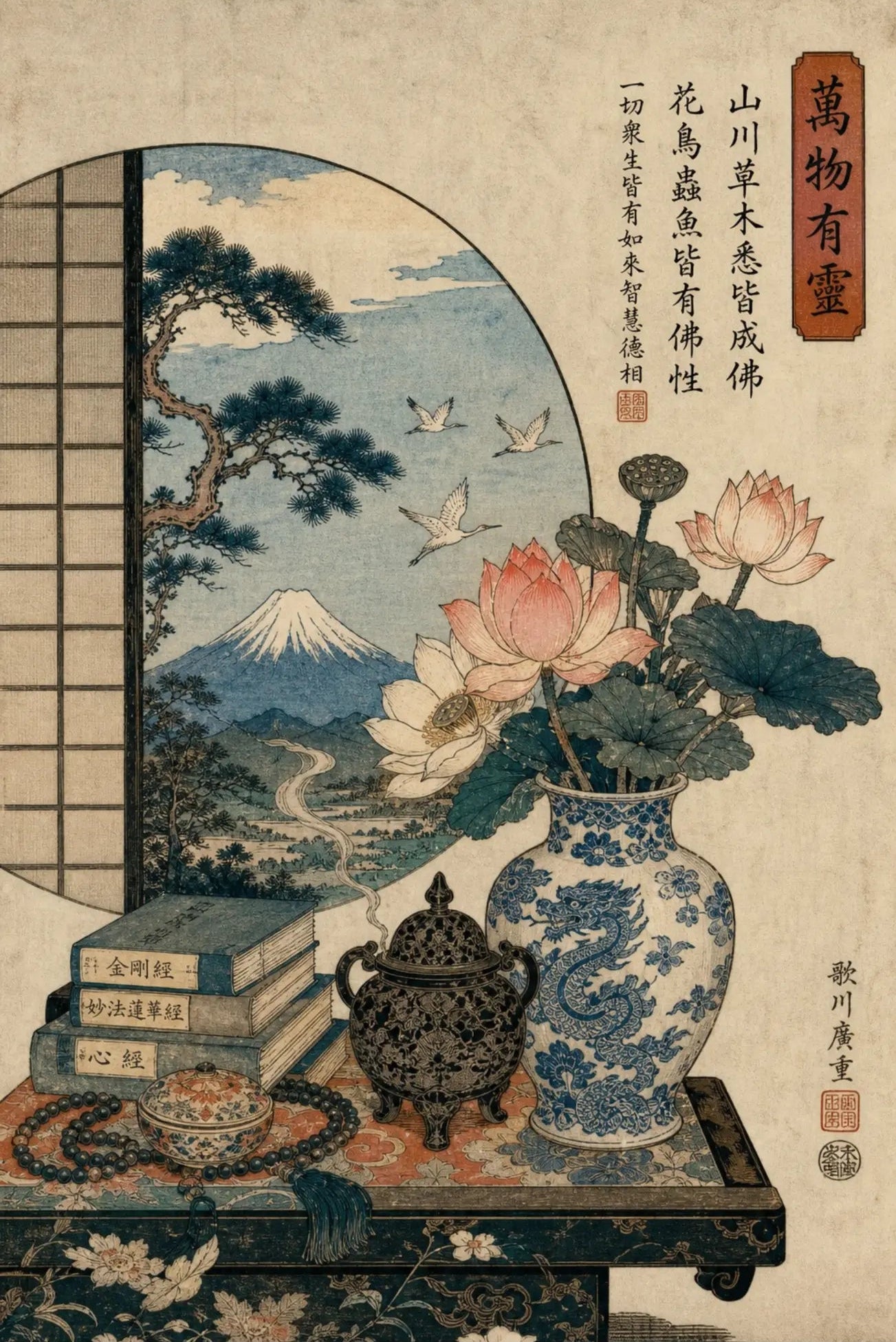 Japanese Ukiyo-e Wall Art | Lotus & Mount Fuji Still Life | Buddhist Zen Decor | 萬物有靈 All Things Have Spirit