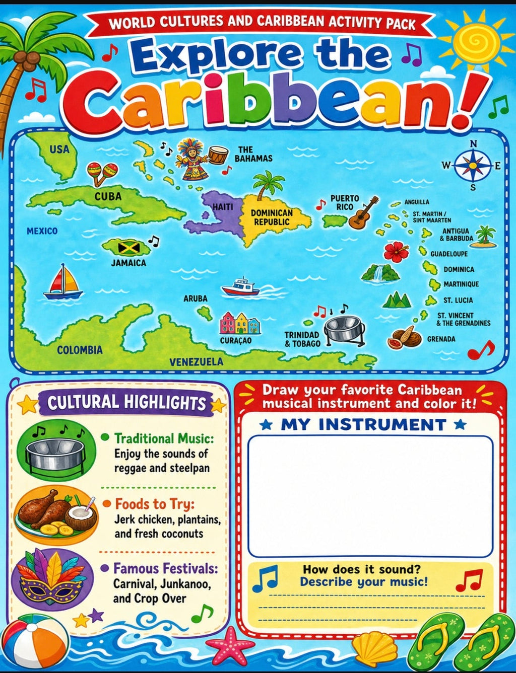 World Cultures and Caribbean Activity Pack for Kids | 20-Page Printable Homeschool Workbook | Cultural Awareness, Geography & Social Studies | Educational Digital Download