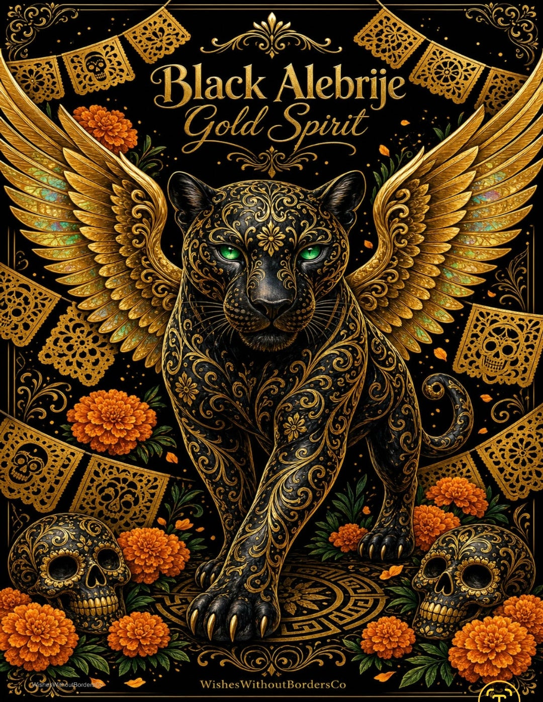 Black Alebrije Gold Spirit — Mexican Día de los Muertos Wall Art (Digital Download)