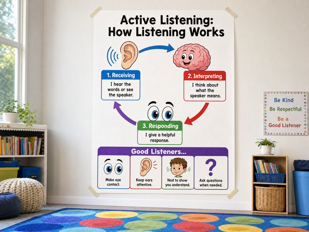Active Listening Poster | SEL Classroom Decor | How Listening Works | Social Skills Wall Art | Communication Skills Print | Digital Download