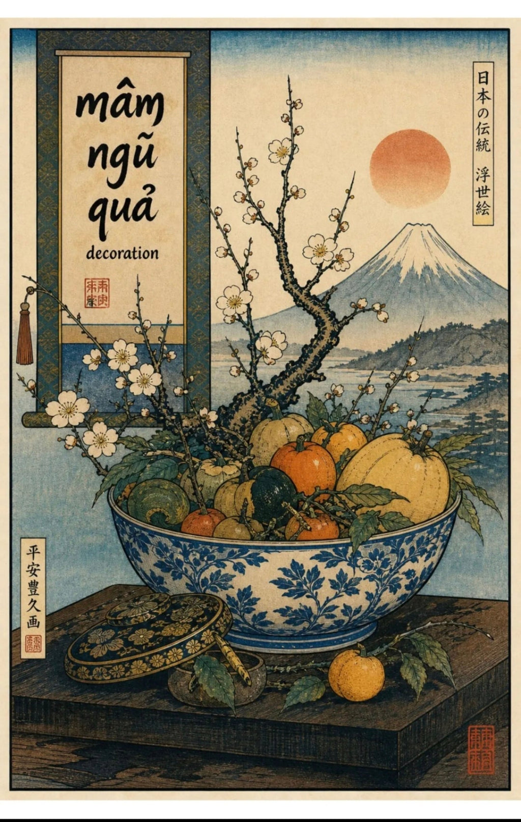 Vietnamese Mâm Ngũ Quả Wall Art | Ukiyo-e Style Five-Fruit Offering | Lunar New Year Decor