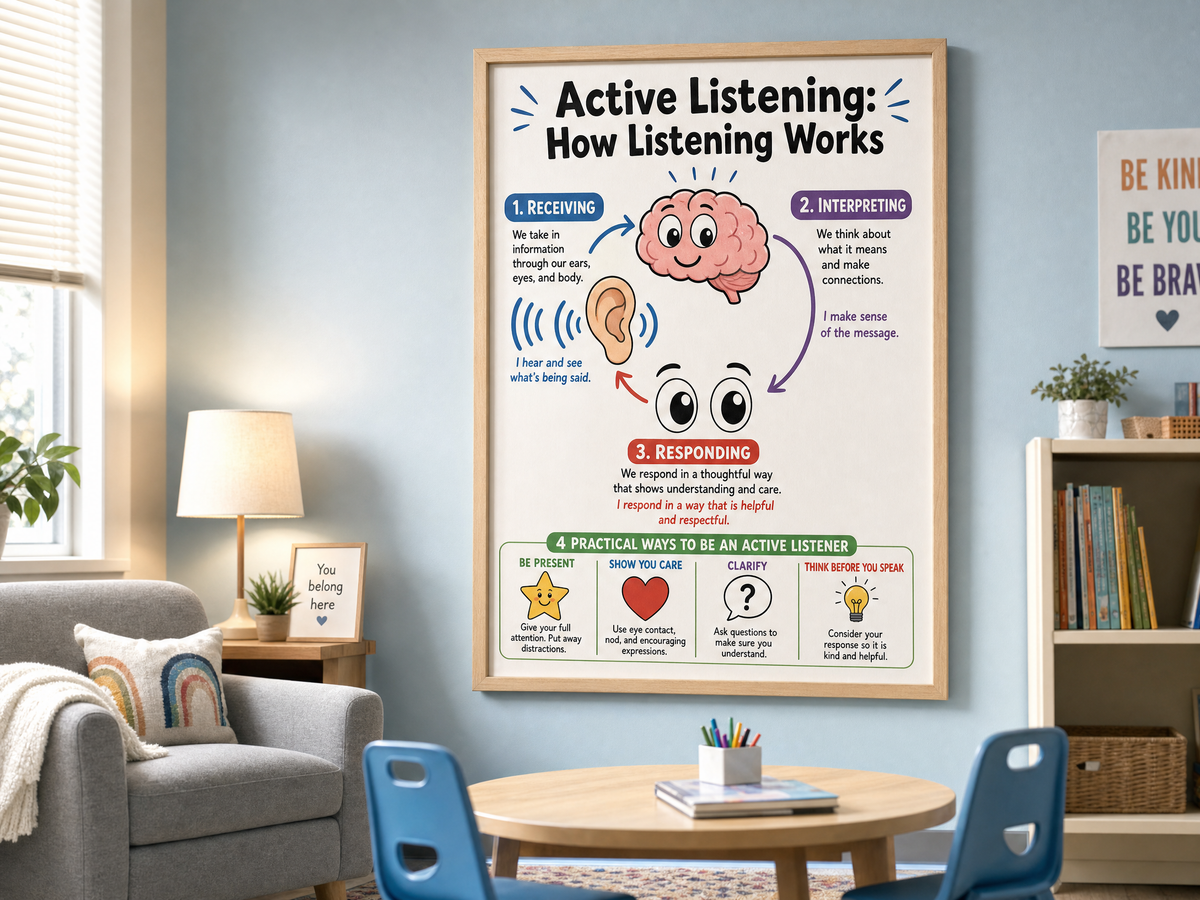Active Listening Poster | SEL Classroom Decor | How Listening Works | Social Skills Wall Art | Communication Skills Print | Digital Download