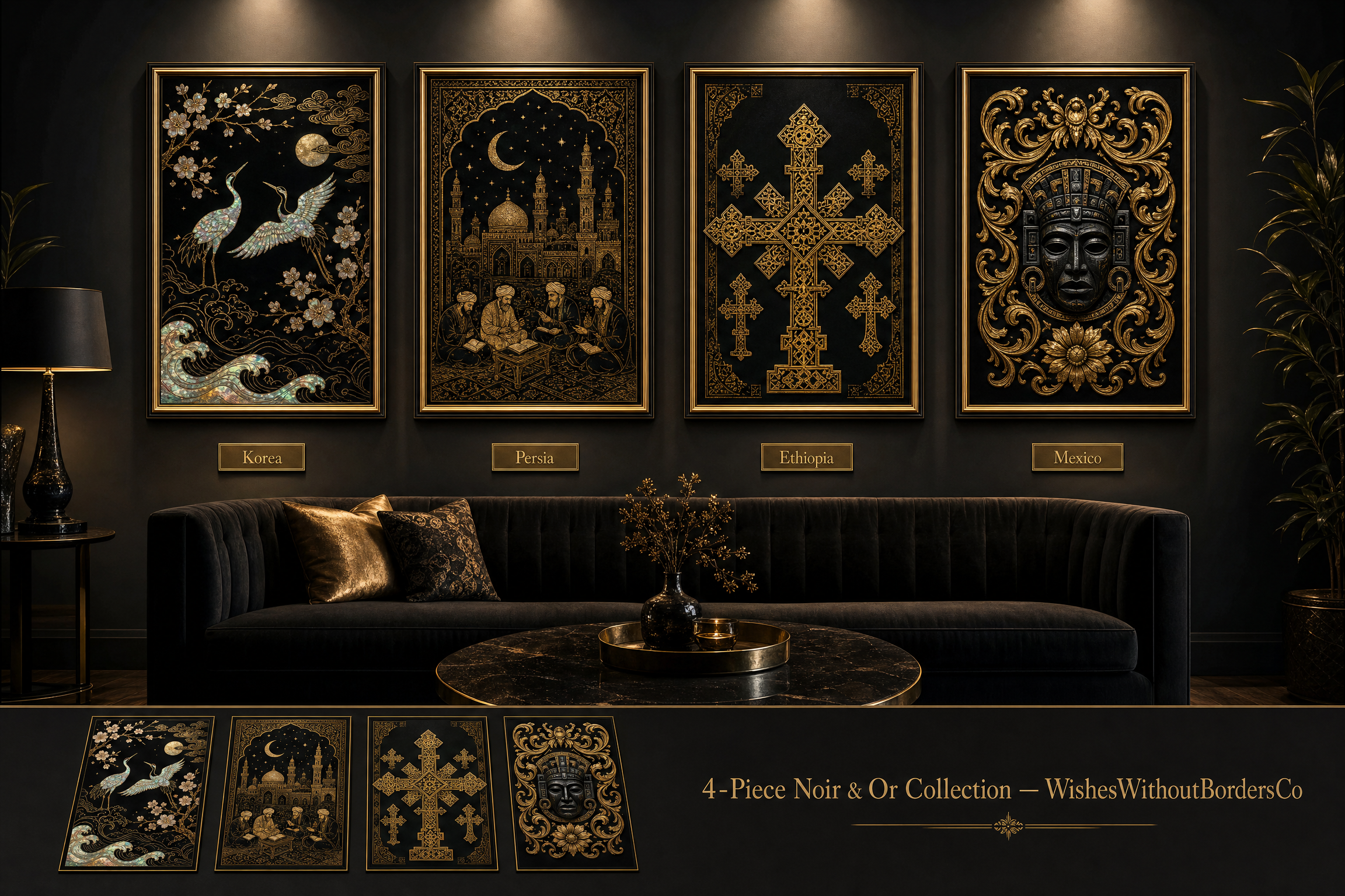 Cultural Elegance Wall Art Set – Black & Gold Korean, Persian, Ethiopian & Mexican Inspired Art Prints
