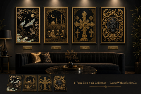 Cultural Elegance Wall Art Set – Black & Gold Korean, Persian, Ethiopian & Mexican Inspired Art Prints