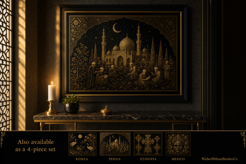Cultural Elegance Wall Art Set – Black & Gold Korean, Persian, Ethiopian & Mexican Inspired Art Prints