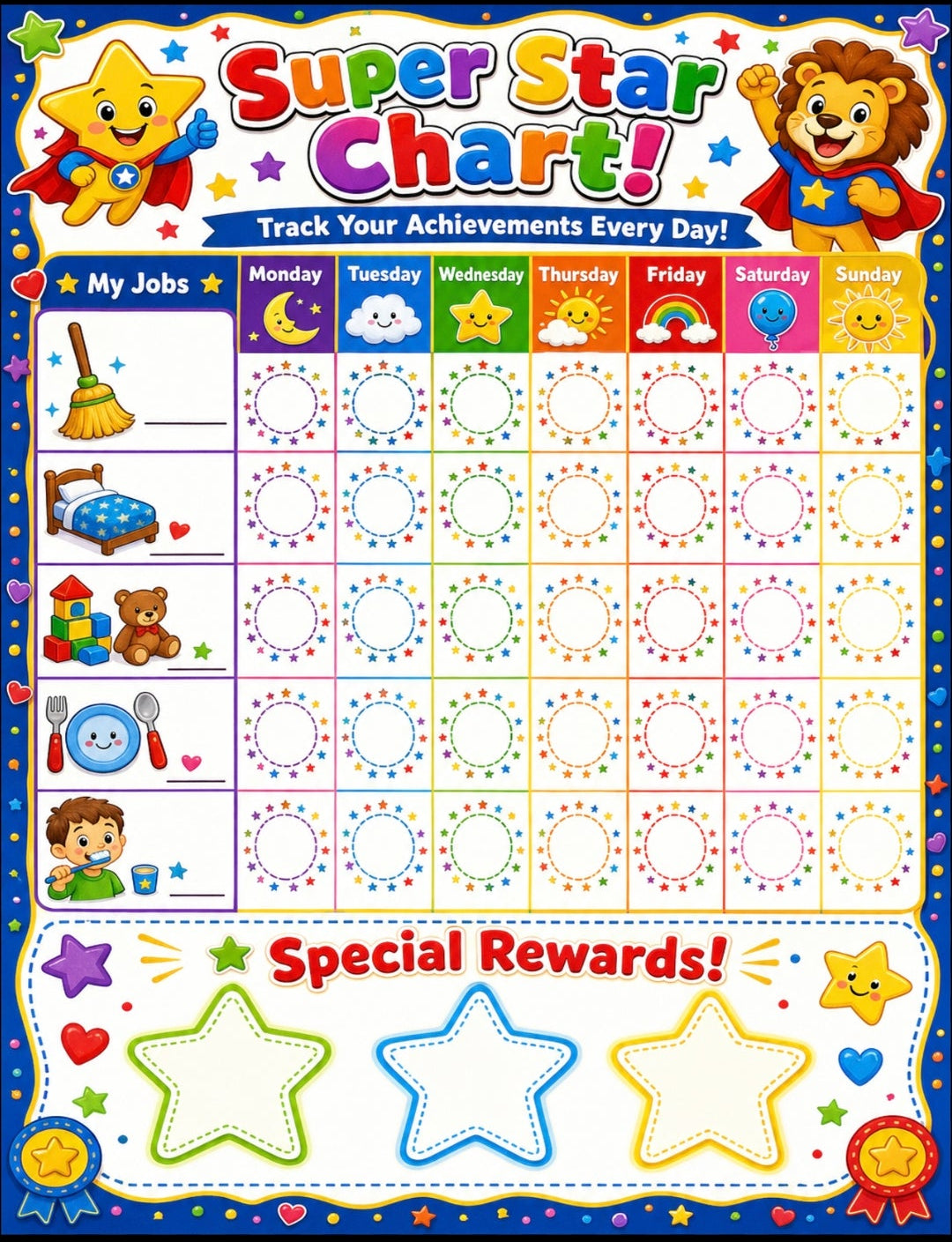 Kids Chore Chart & Reward Tracker Bundle | 6 Printable Chore Charts | Superhero, Princess, Animals & Daily Trackers | Instant Download PDF