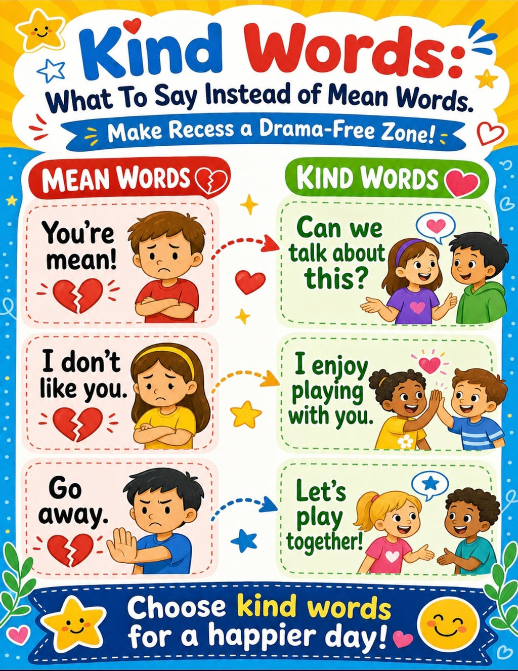 Kind Words Poster | Anti-Bullying Classroom Decor | SEL Wall Art | What To Say Instead of Mean Words | Social Skills Print | Digital Download