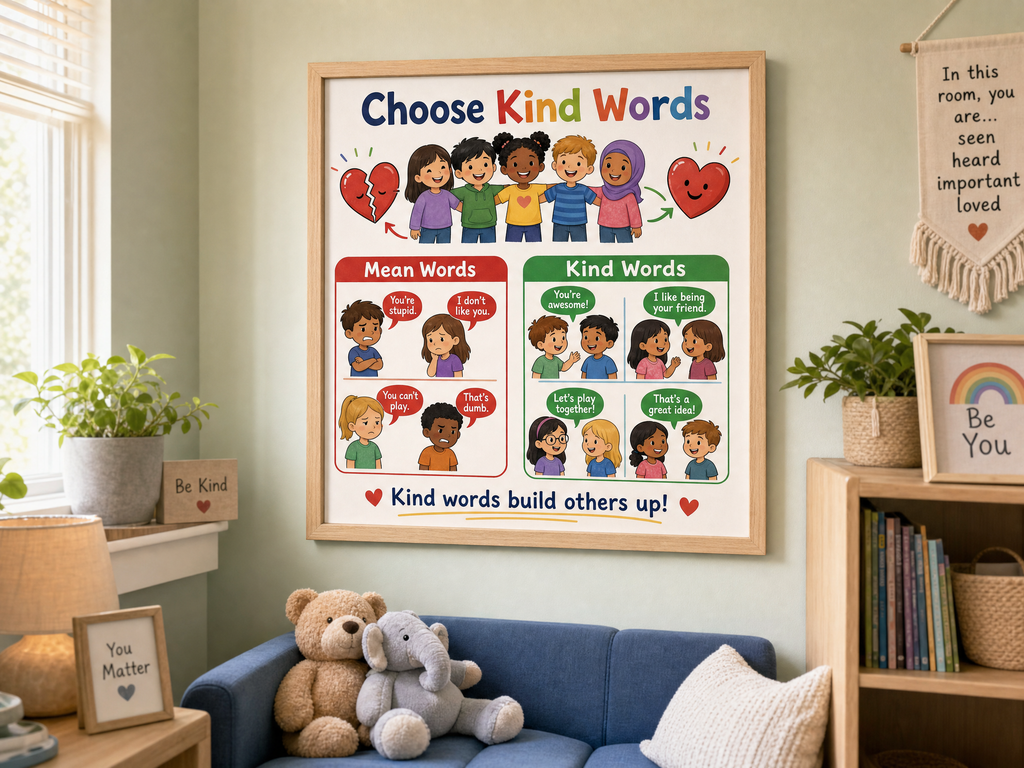 Kind Words Poster | Anti-Bullying Classroom Decor | SEL Wall Art | What To Say Instead of Mean Words | Social Skills Print | Digital Download