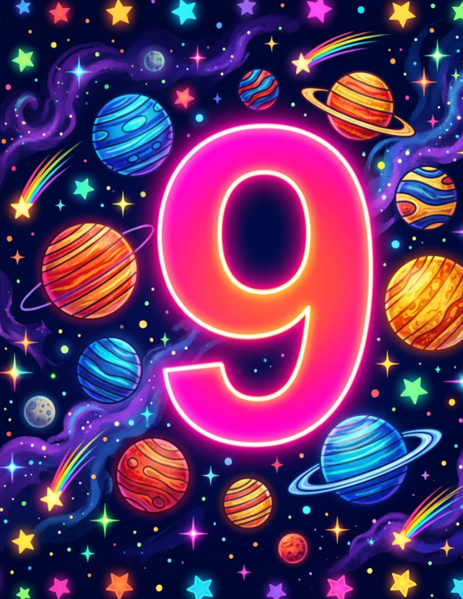 Neon Space Numbers 1-10 | Printable Flashcards & Coloring Book for Kids