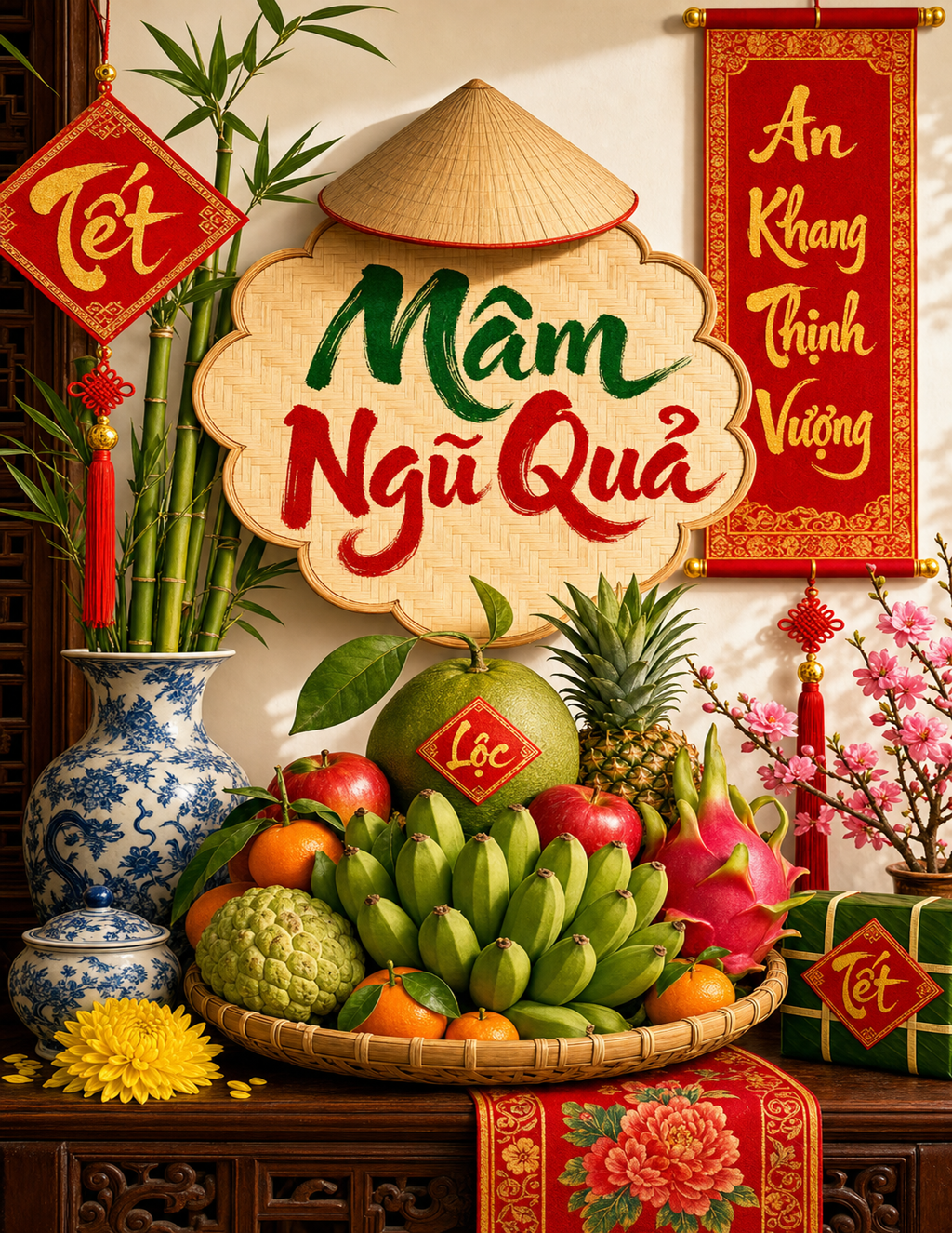 Vietnamese Tết Decor | Mâm Ngũ Quả Wall Art | Lunar New Year Fruit Tray Poster | Peach Blossom & Bamboo | Asian Holiday Home Decor | Tết Gift