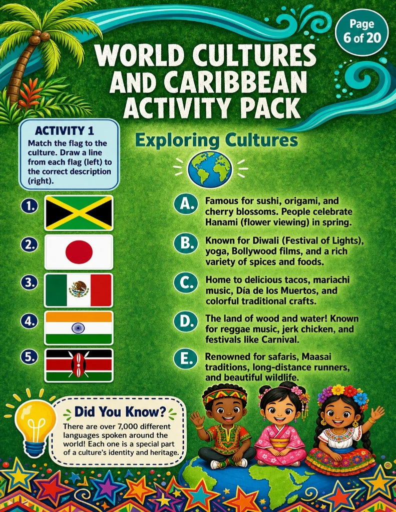 World Cultures and Caribbean Activity Pack for Kids | 20-Page Printable Homeschool Workbook | Cultural Awareness, Geography & Social Studies | Educational Digital Download
