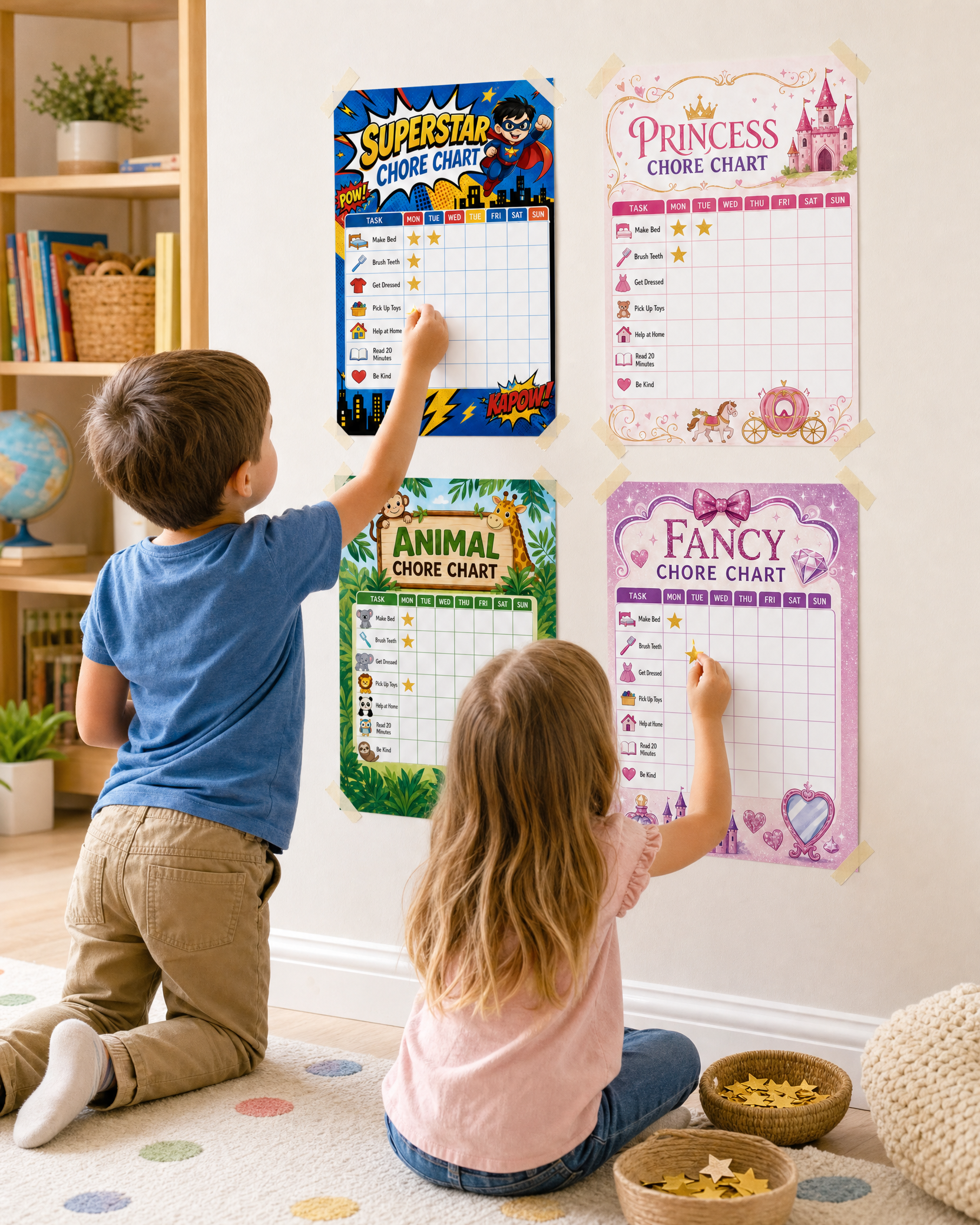 Kids Chore Chart & Reward Tracker Bundle | 6 Printable Chore Charts | Superhero, Princess, Animals & Daily Trackers | Instant Download PDF
