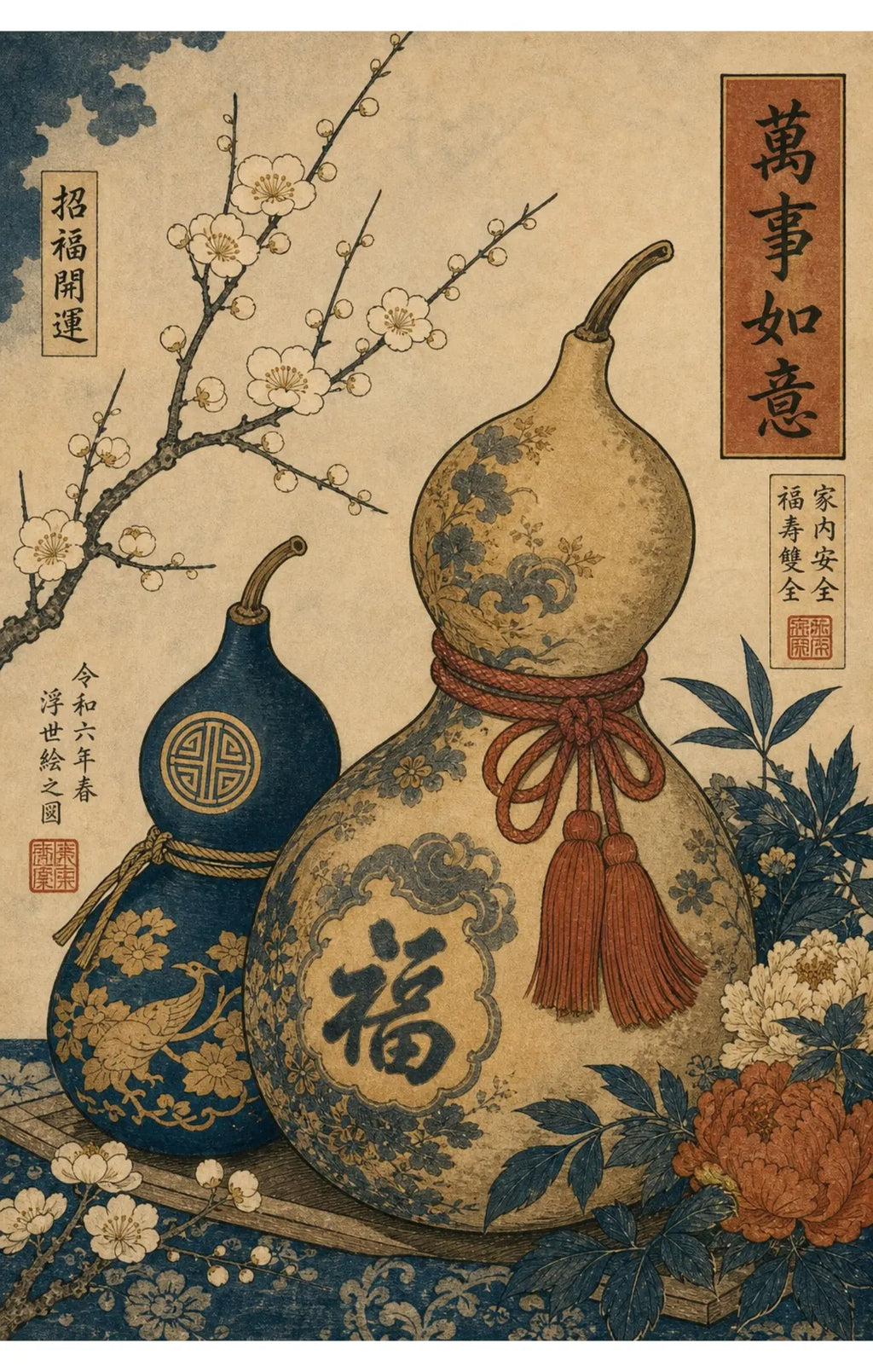 Japanese Lucky Gourd Wall Art | Ukiyo-e Fortune & Prosperity Print | 萬事如意 May All Go As You Wish