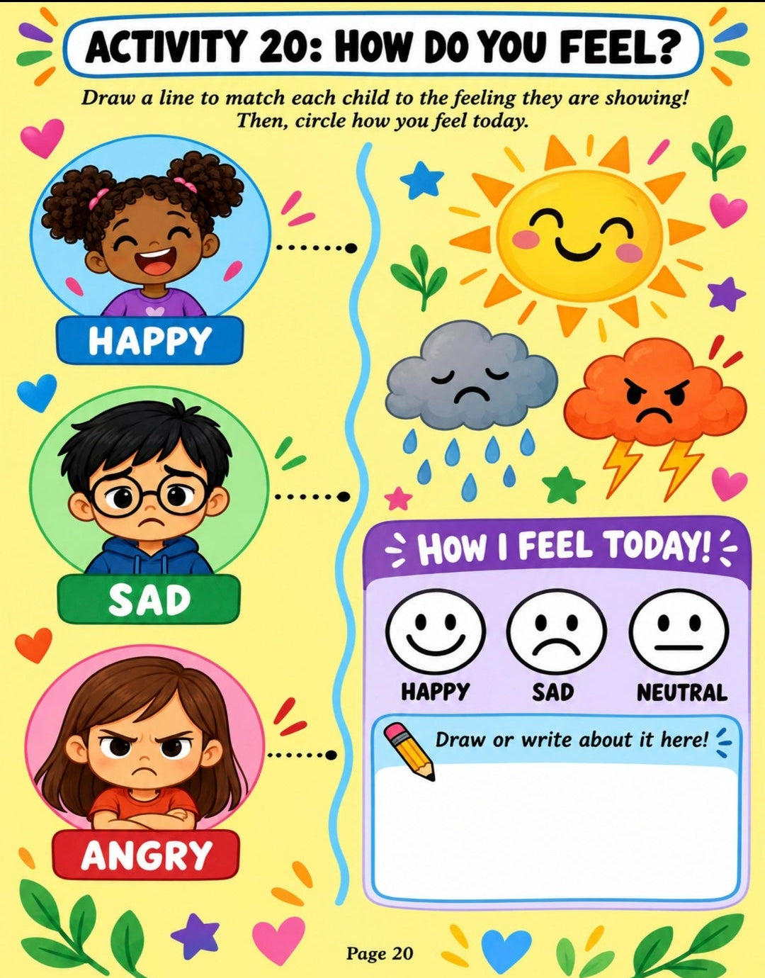 Printable Feelings & Emotions Activity Worksheets for Kids | 20 Interactive SEL Activity Pages(Digital PDF)