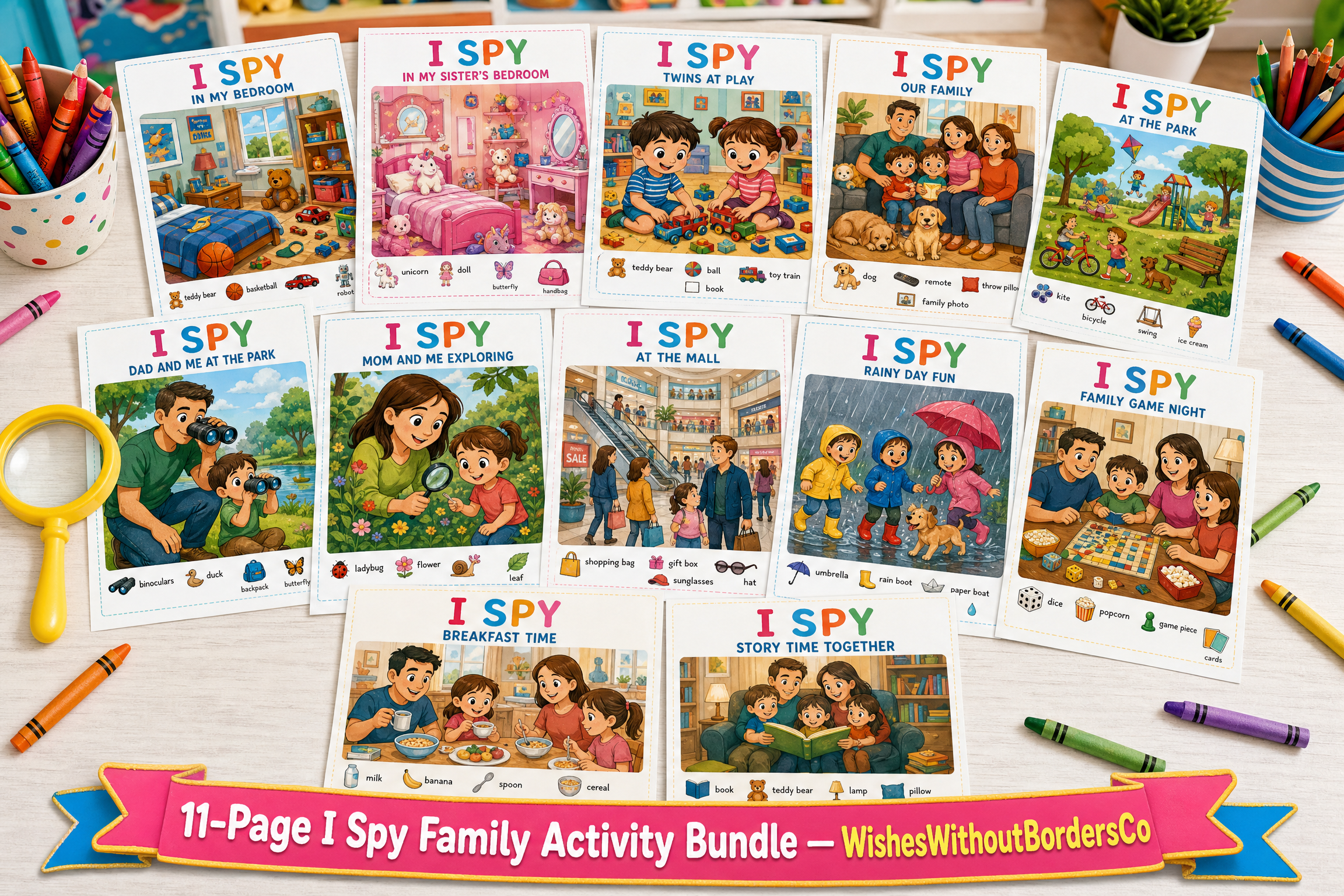 Printable I Spy Family Activity Pages for Kids | 11-Page Search & Find Bundle | Digital Download