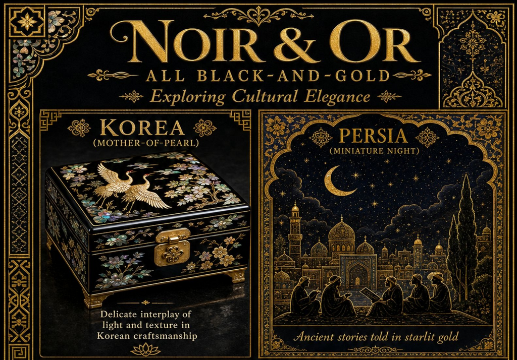 Cultural Elegance Wall Art Set – Black & Gold Korean, Persian, Ethiopian & Mexican Inspired Art Prints