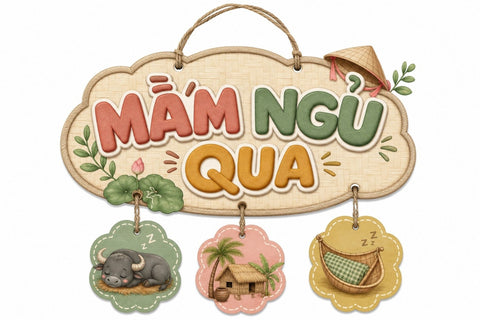 Vietnamese Nursery Wall Art | Mầm Ngủ Quá | Baby Room Decor | Sleepy Water Buffalo & Countryside Charm | Boho Felt Style | New Baby Gift