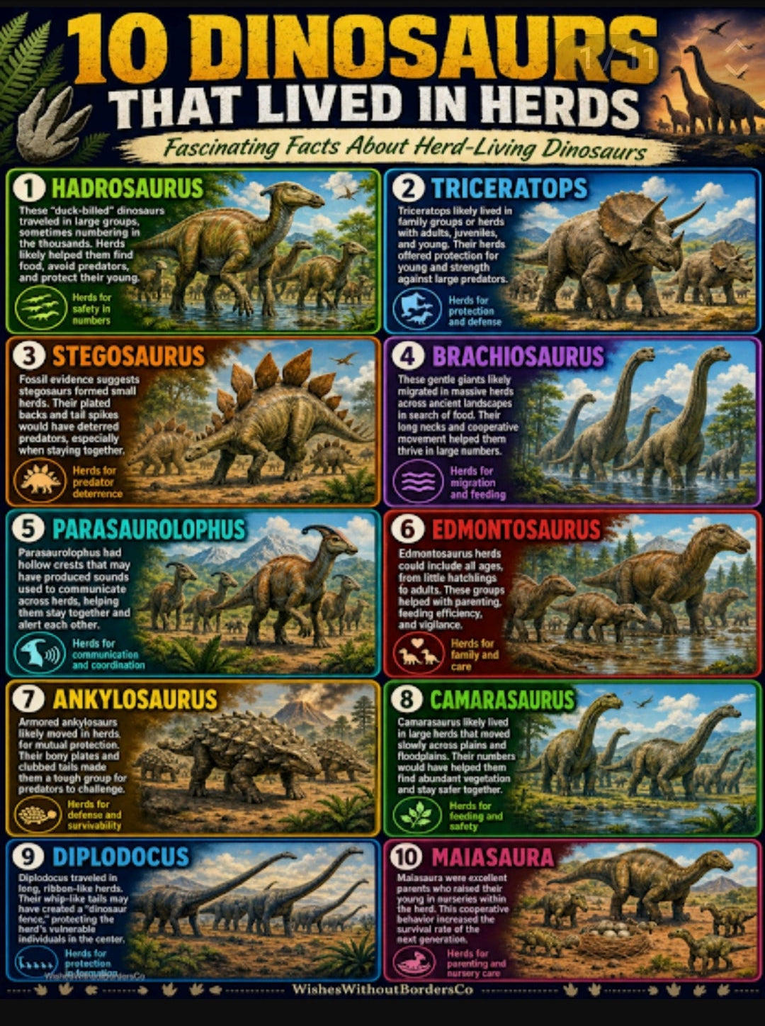 10 Dinosaurs That Lived in Herds | Educational Poster Set for Kids