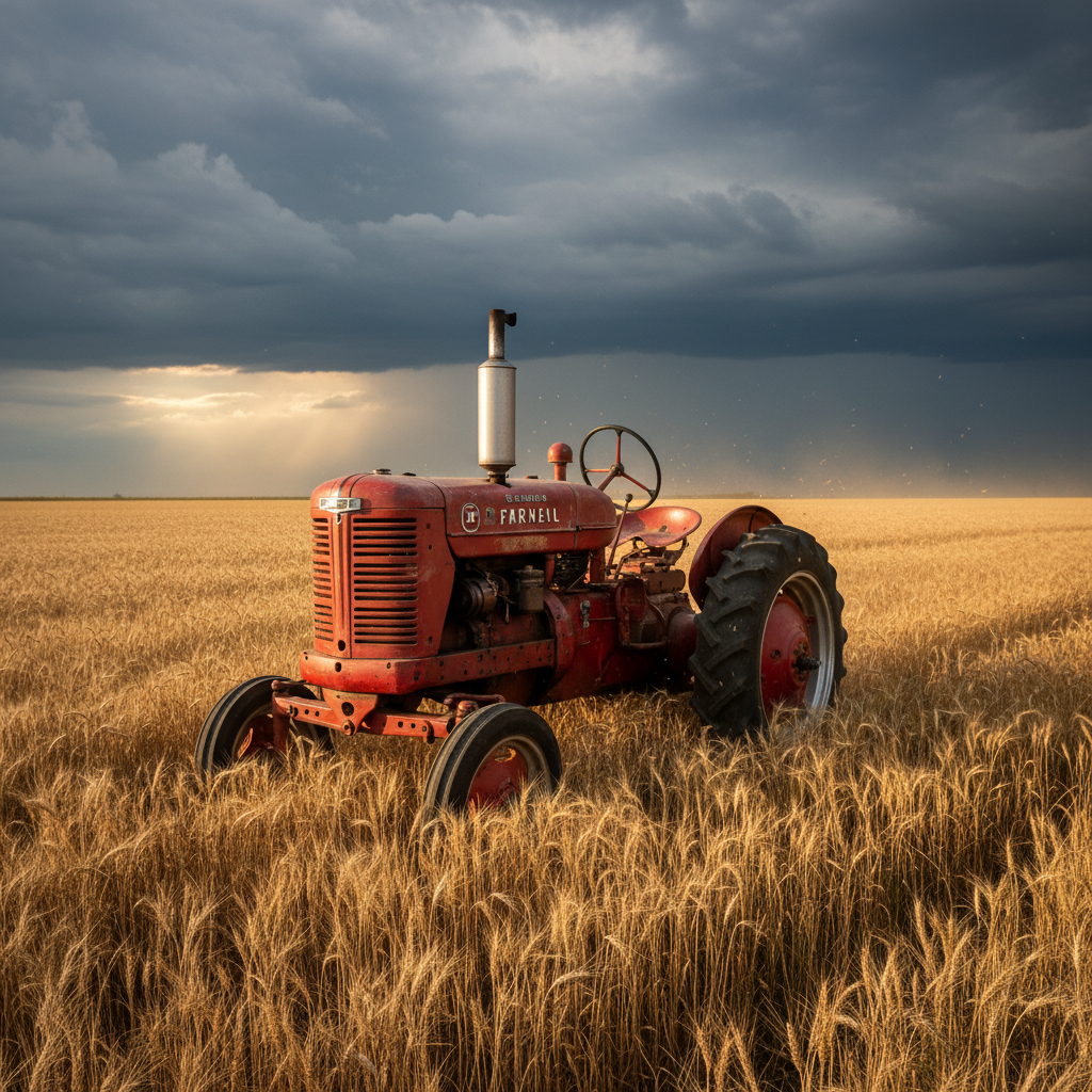 Red and Green Tractors at Sunset