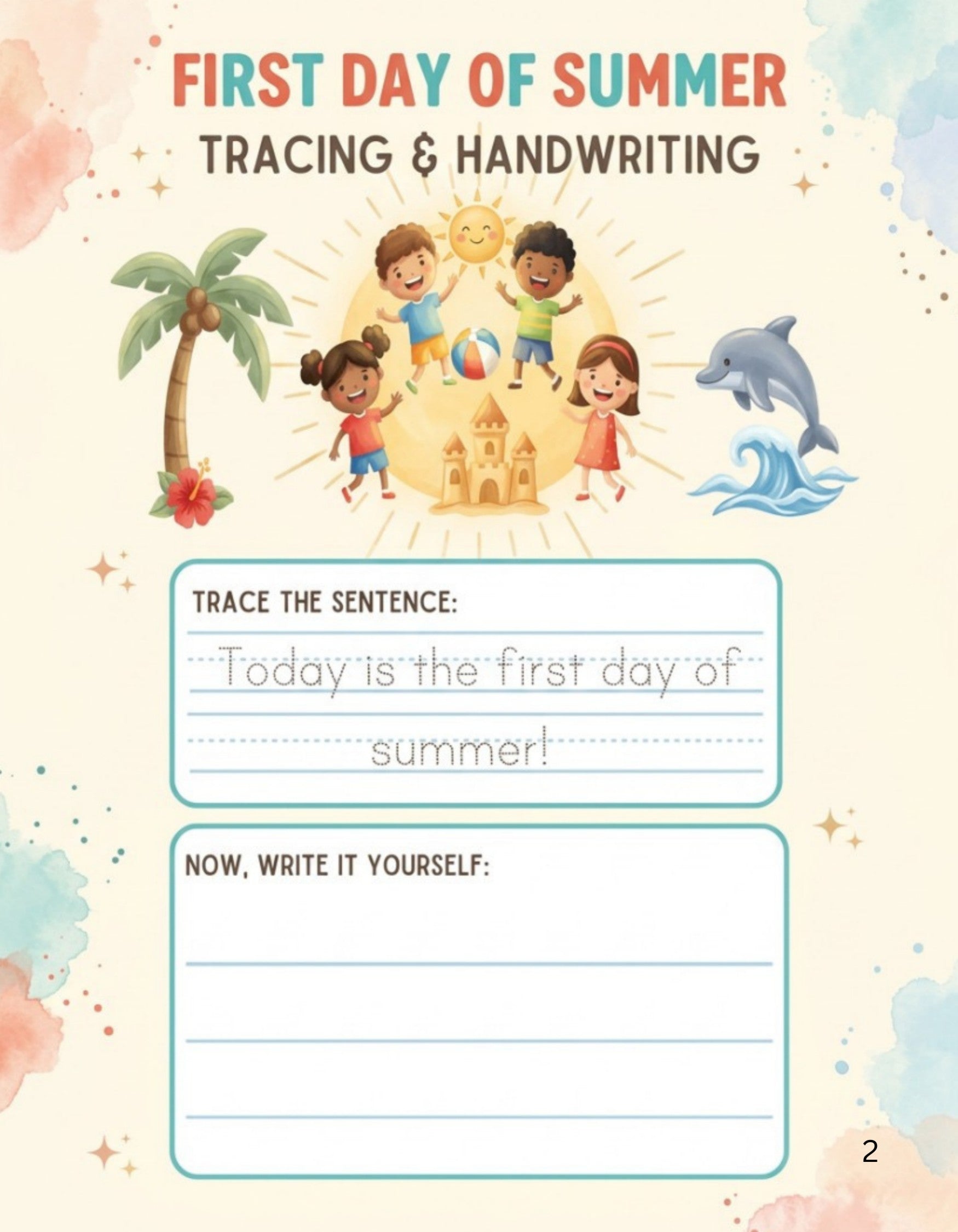 First Day of Summer tracing and handwriting activity page