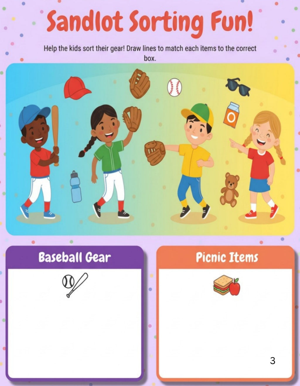 Sandlot Sorting Fun activity page — categorization and logic