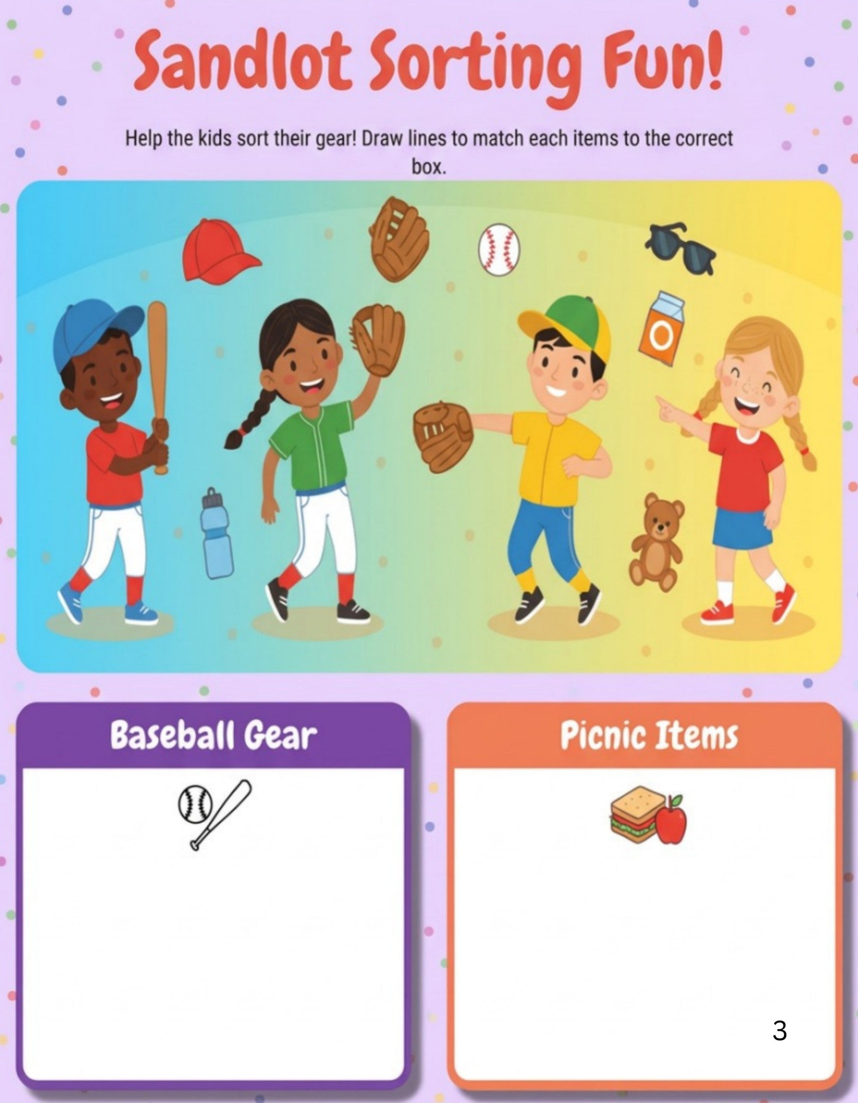 Sandlot Sorting Fun activity page — categorization and logic