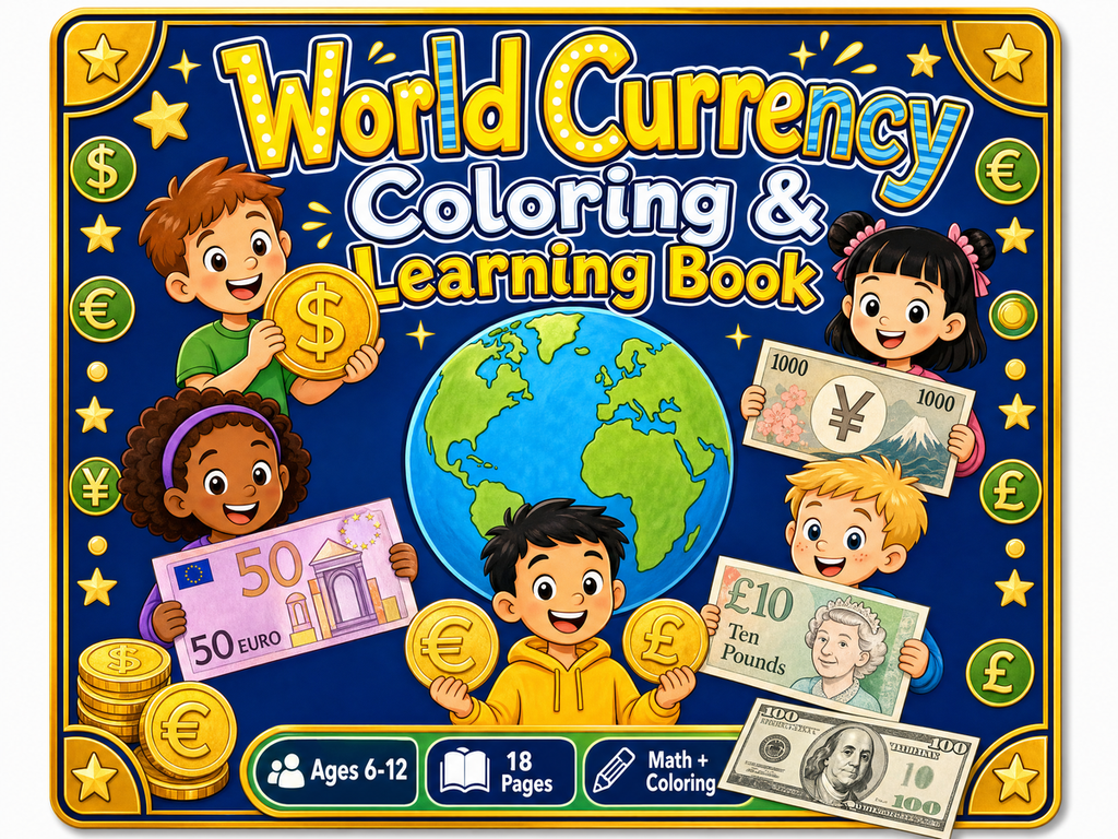 World Currency Coloring & Learning Book — Educational Activity Book (Digital PDF)