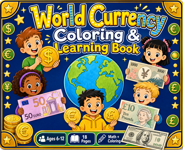 World Currency Coloring & Learning Book for Kids | Money Math, Geography & Fun Facts | Printable Educational Activity | Instant Download