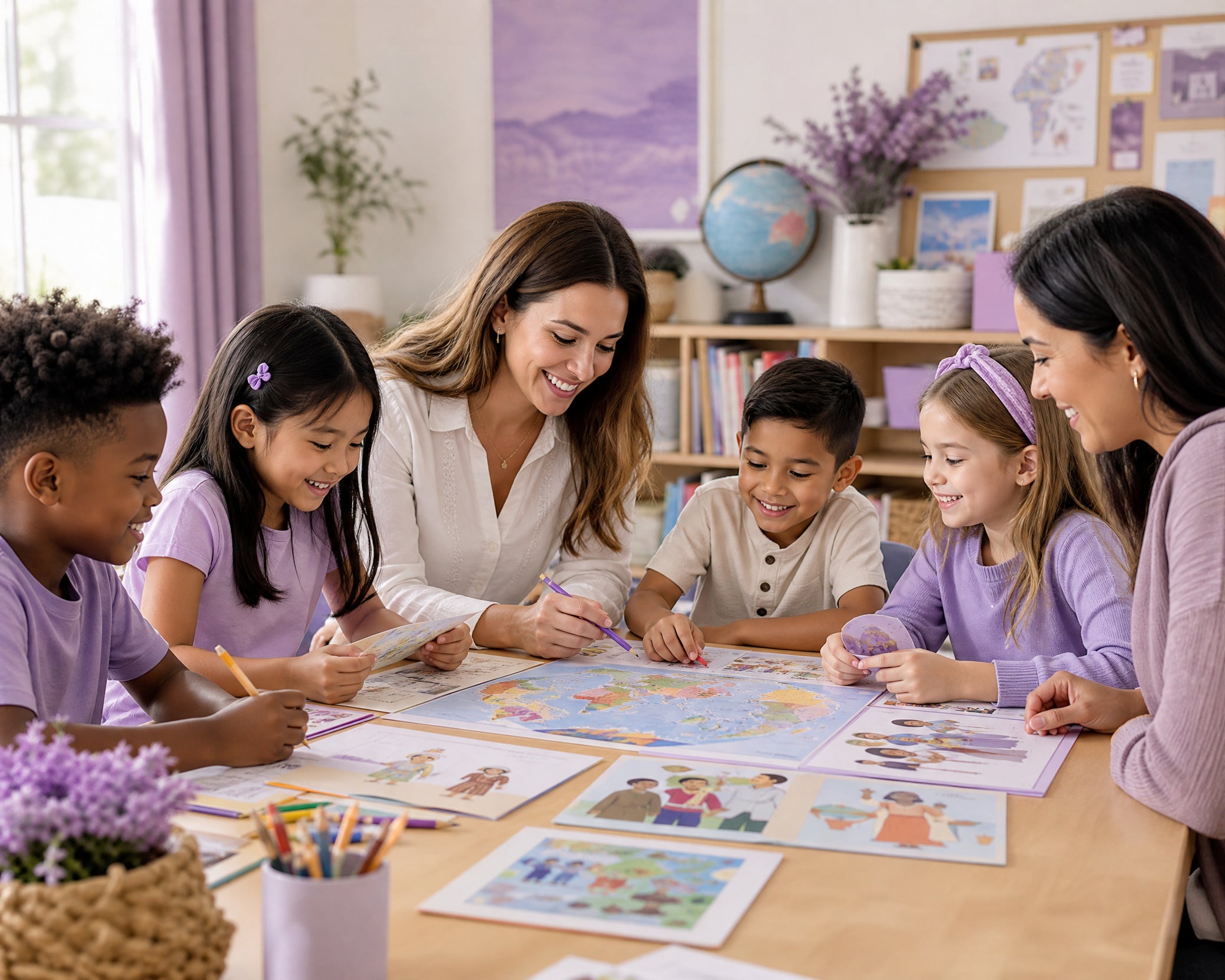 A teacher and families learning together with multicultural classroom resources